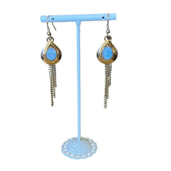 Vintage Dangle Earring Faux White Opal Gold Fringe - Picture 6 of 8